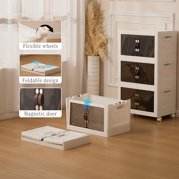 4 Tier Stackable Storage Bins with Lids, Total 199QT (4×49QT) Foldable Closet Organizer with Wheels, Collapsible Plastic Storage Boxes for Clothes, Toys, Kitchen, Office, and Dorm Room