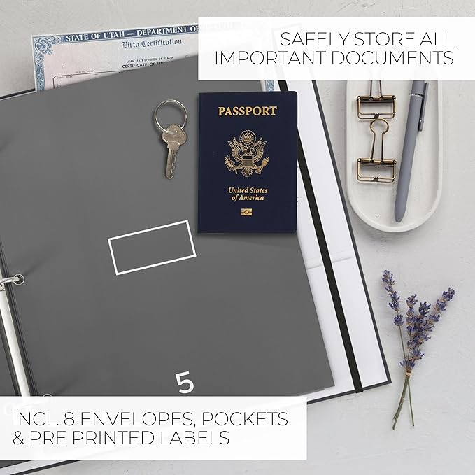 Sturdy Document Organizer Set with Folders - Beautiful Linen 3-Ring Binder Safely Stores All Important Documents & Files in One Place - Easy to Use Expanding Storage Incl. Envelopes, Pockets & Labels