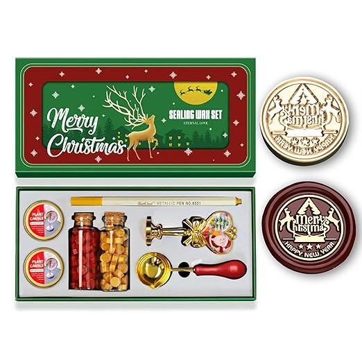 Mceal Christmas Wax Seal Stamp Kit with Santa Claus Handle,2 Colors Wax Beads, Melting Spoon,Golden Color Pen,2 Candles for DIY Gift Wrapping, Holiday Greeting Cards