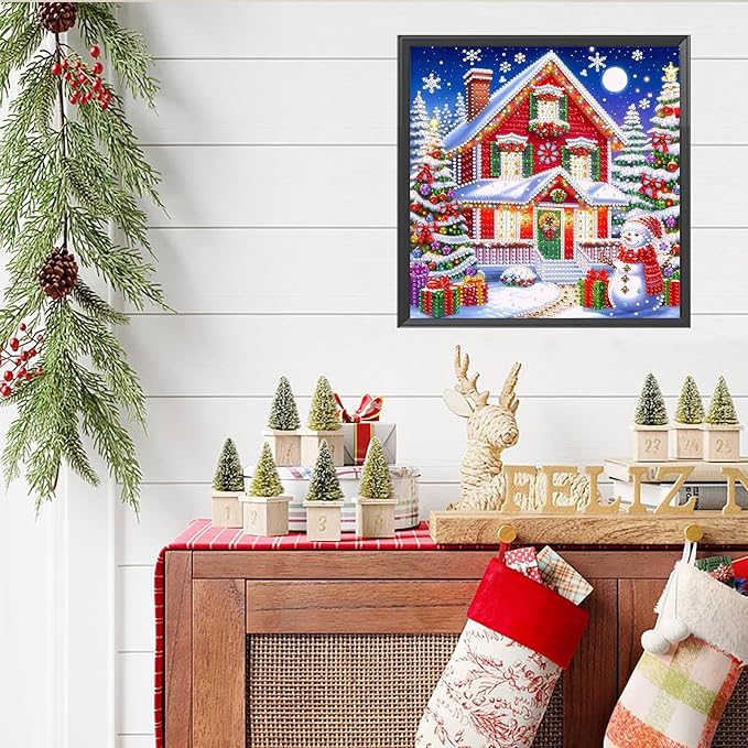 5D Snowman Xmas House Special Shape Diamond Art Kits for Beginners, Christmas Winter Theme Diamonds Painting Kits for Adults,DIY Crystal Rhinestones Diamond Paintings for Home Wall Decor 12×12Inch