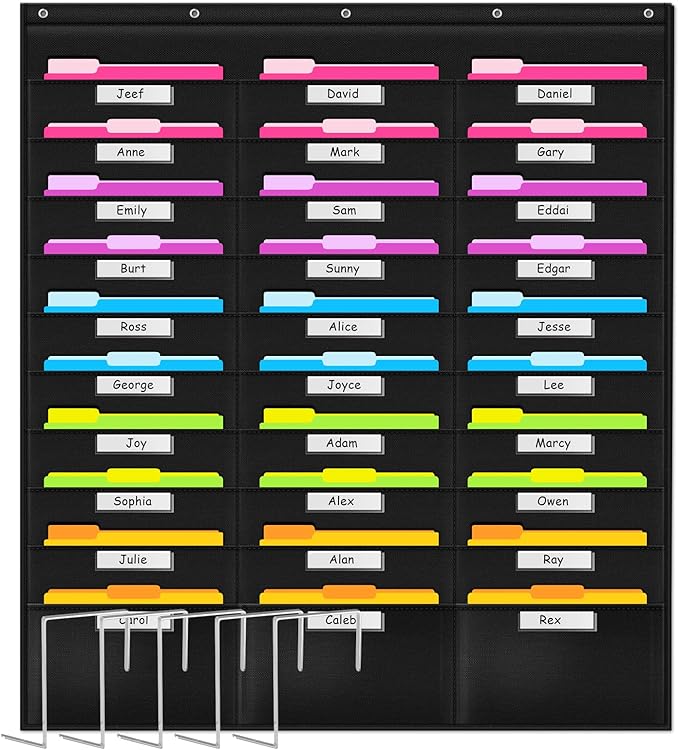 Godery School Pocket Chart, 30 Signatory Pocket, Heavy Duty Hanging File Folders Pocket Chart Cascading Organizer & 5 Hangers Hooks, Perfect for Classroom, School, Office or Home Use