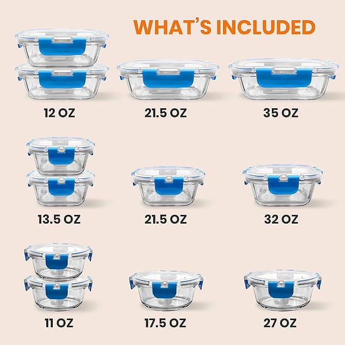 NutriChef 24pcs Glass Food Storage Containers, (12 Stackable Heavy Duty Meal Prep Containers w/ 12 Airtight Lids), Microwave, Freezer, & Dishwasher Safe for Food, Snacks, Fruit & More, (Blue)