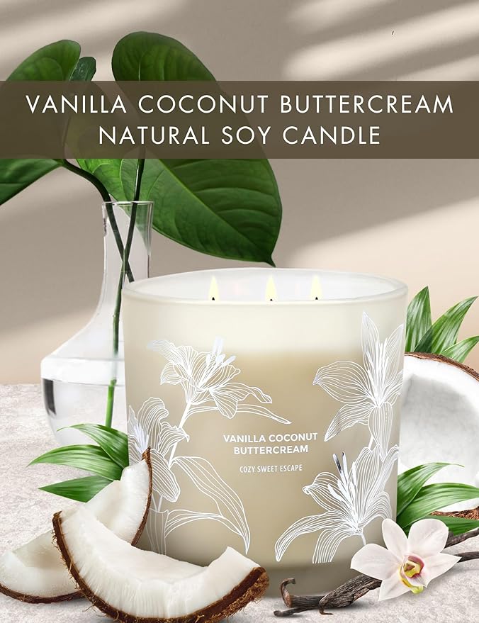 Vanilla Coconut Buttercream Candle, 14.5oz Large 3-Wick Soy Scented Candles for Home, Vanilla Cupcake Candle, Long Lasting Aromatherapy Candle, Gift for Mom Women