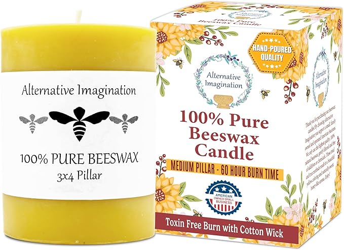 Alternative Imagination – 100% Pure Beeswax Candle – Medium 3x4 Inch Pillar – Long Lasting 60 Hour Burn – Non-Toxic, Unscented & Hypoallergenic – Natural Honey Aroma – Handcrafted from Real Beeswax