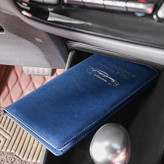 HerriaT Car Registration and Insurance Card Holder - Leather Vehicle Glove Box Automobile Documents Paperwork Wallet Case Organizer for ID, Driver's License, Key Contact Information Cards - Men&Women