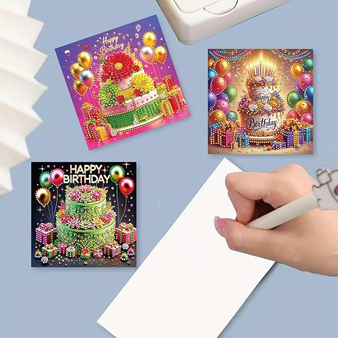 DoxQcs 5D Diamond Art Painting Greeting Cards Kit, DIY Cards for Blessings Congratulations Gifts, Greeting Card Set for Birthday Thanksgiving Day Christmas Halloween-Birthday Cake-1