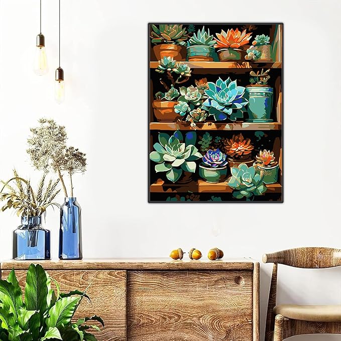 Meothan Framed Paint by Numbers Kits for Adults, Green Plants Succulent Paint by Numbers Kits on Canvas with Easel for Home Wall Decor 11.8x15.7inch (30x40cm)