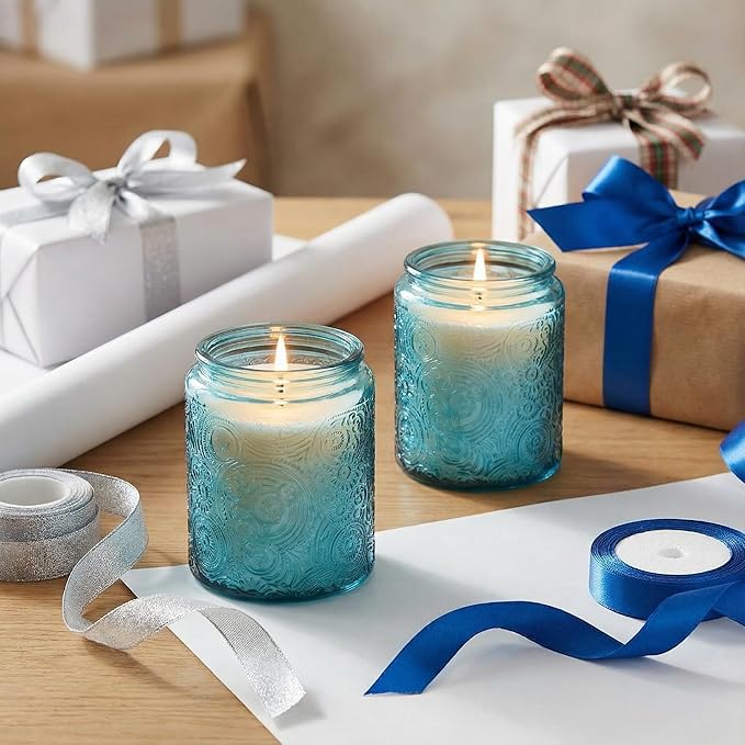 Art Secret 9-Pack 8oz Embossed Glass Candle Jars with Lids and Labels - Sun Moon Stars Design (Blue)