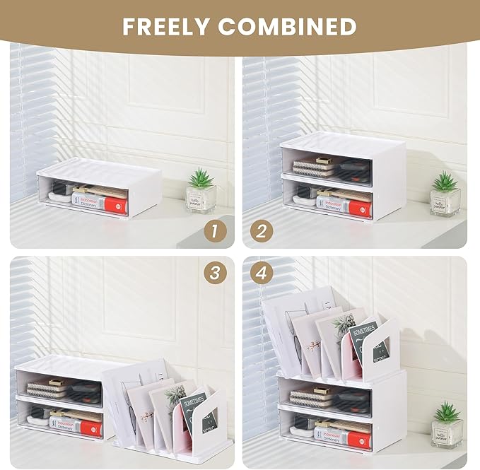 LALOBLUE White Acrylic Desk Organizer with Drawer & File Holder, Stackable Modular Storage System, Multi-Layer Desktop Organizer, Space Saving Desk Organizer for Home Office & Study