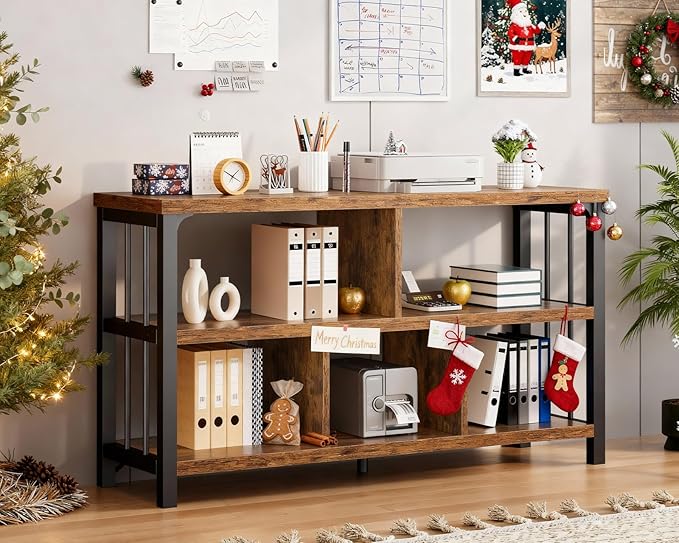 IBF Farmhouse 3 Tier Open Book Shelf, Wood and Metal 5 Cube Storage Organizer, Modern Low Horizontal Bookshelf for Bedroom Living, Long Wide Office Cubby Bookcase with Storage, Rustic Brown, 47 Inch