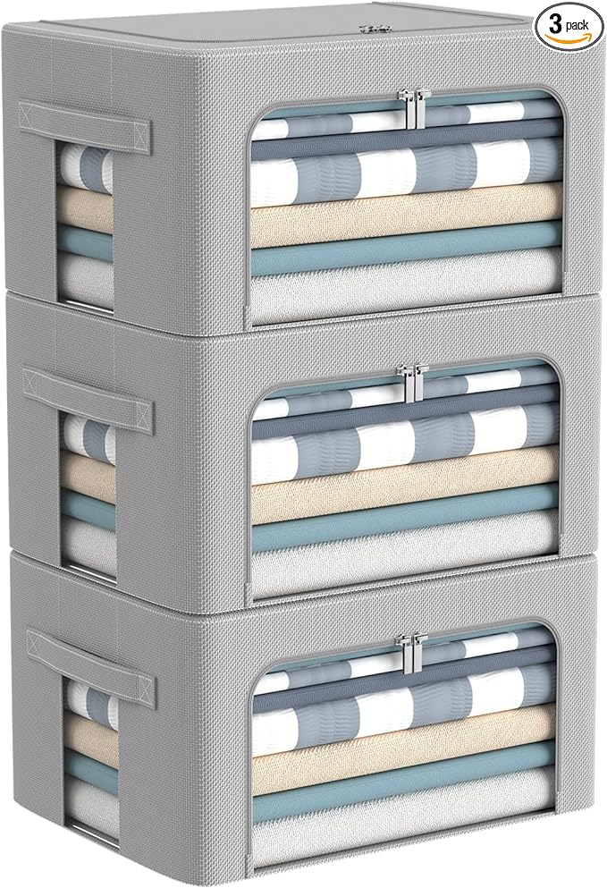 CYhom 3Pack Frame Storage Box - Clothes Storage Bin Bags Oxford Fabric Foldable Stackable Container Organizer Set with Clear Window & Carry Handles Large Capacity (Grey, Small-22L)