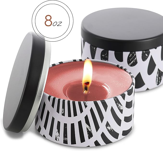 Hearth & Harbor Tin Candle Jars for Making Candles - DIY Candle Containers with Lids - Metal Candle Jars - Bulk Tins Storage for Candle - (12 Pieces) - (8 Ounces) - Black and White Abstract