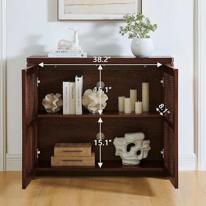 Amposei Mid Century Modern Rattan Sideboard 39.4’’ Small Coffee Bar Console Buffet Cabinet Table for Living Dining Room Entryway Hallway, Walnut