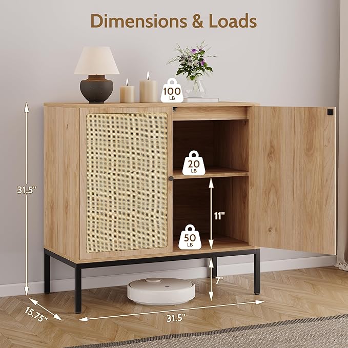 Yechen 31.5" Sideboard Cabinet with Natural Rattan Decorated Doors, Rattan Cabinet, Accent Buffet Console Storage Cane Credenza Cupboard, for Living Room Dining Room Entryway Kitchen, Metal Legs