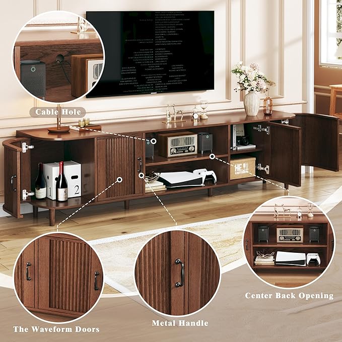 HUAHUU TV Stand for 75 inch TV, Mid Century Modern Entertainment Center for 55/60/65/75 inch TV, with Fluted Door Cabinets & Open Shelves, TV Consoles for Living Room, Walnut