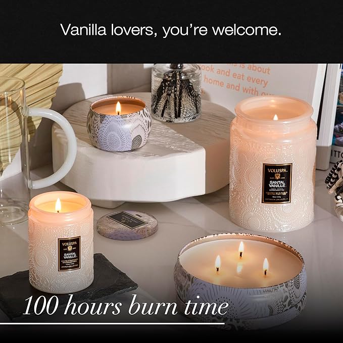 Voluspa Santal Vanille Candle, 18 oz, Coconut Wax Blend, Scented Candles for Home, 100 Hour Burn Time, Candle Jars