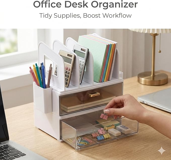 CiWiVOKi White Desk Organizer with 4 File Holder Slots, 2 Clear Drawers & Dual Pen Holders, Multi-Functional Office Supplies Desktop Storage for Home Office, Space-Saving Mail Sorter & Caddy