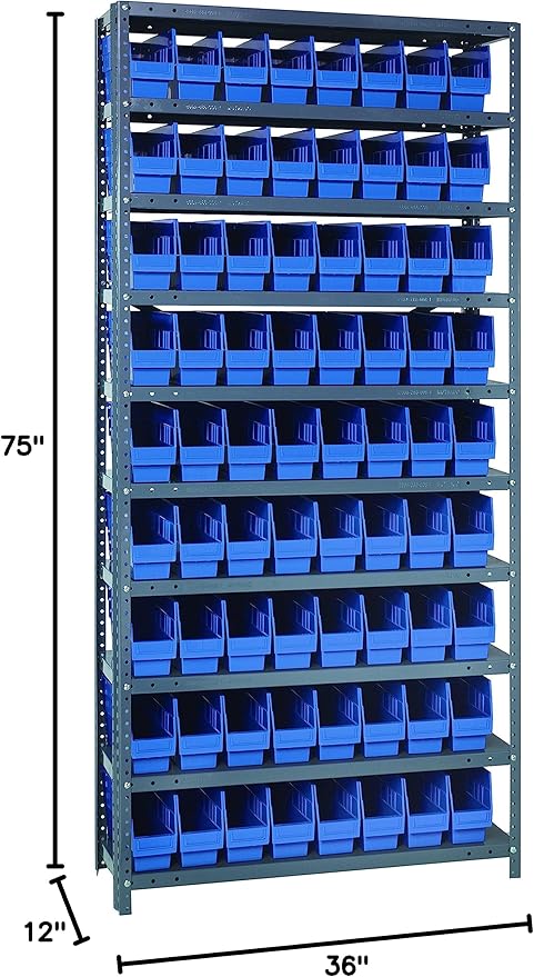 Quantum Storage Systems 1275-201BL Solid Heavy Duty 10 Shelves 72 STORE-MORE Blue Bins 75" H x 36" W x 12" D