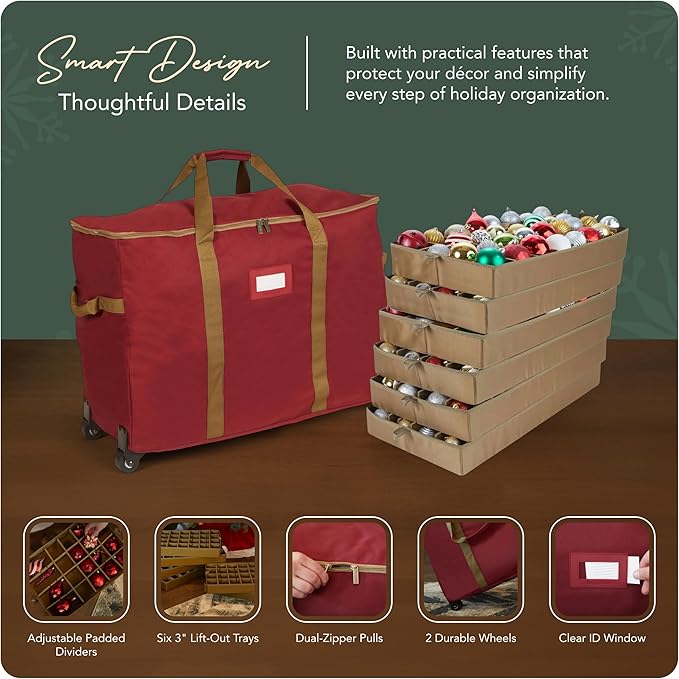 Covermates Keepsakes Rolling Adjustable Ornament Storage Bag – Heavy-Duty Polyester, FlexGrid Trays & Padded Dividers – Protective Holiday Organizer with Wheels, Handles & ID Window, Red