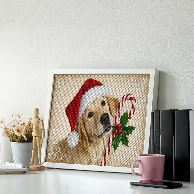Diamond Painting Kits for Adults - Christmas Golden Retriever Puppy in Santa Hat with Candy Cane Painting DIY 5D Full Drill Diamond Dots Paintings with Diamonds Gem Art And Crafts Home Decor 16"x20"