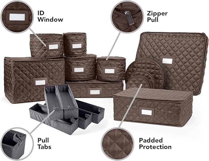 Covermates Keepsakes Dish Storage Set – Padded China & Dinnerware Storage Cases with Dividers, Cup & Stemware Storage, Quilted Polyester Protection, ID Window, Bronze