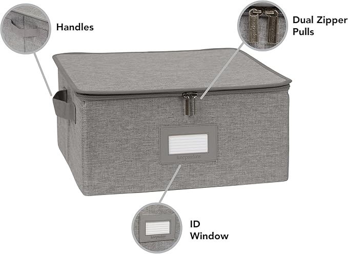 Covermates Dish Storage Box – China & Dinner Plate Storage Container with Dual Zippers, Reinforced Handles, ID Window & Stackable Structured Walls for Dishware Organization, Grey Heather