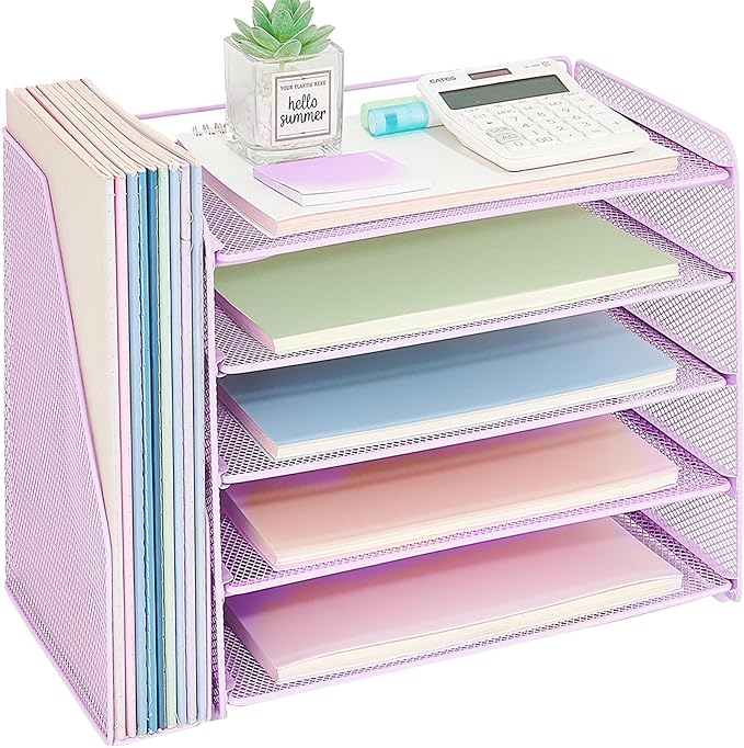 OPNICE Desk Organizer, 5-Tier Paper Organizer Letter Tray with Magazine Holder, Office Desk Accessories & Workspace Organizers, Desktop File Organizer for Office Supplies Storage, Purple