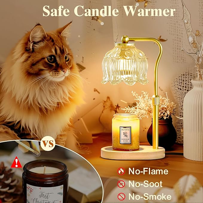 CASTLELIFE Candle Warmer Lamp with Timer & Stepless Dimming, Height Adjustable Electric Wax Warmer for Jar Candles, Flower Wax Melter with Wood Base, Gifts for Women Home Decor, Natural Wood