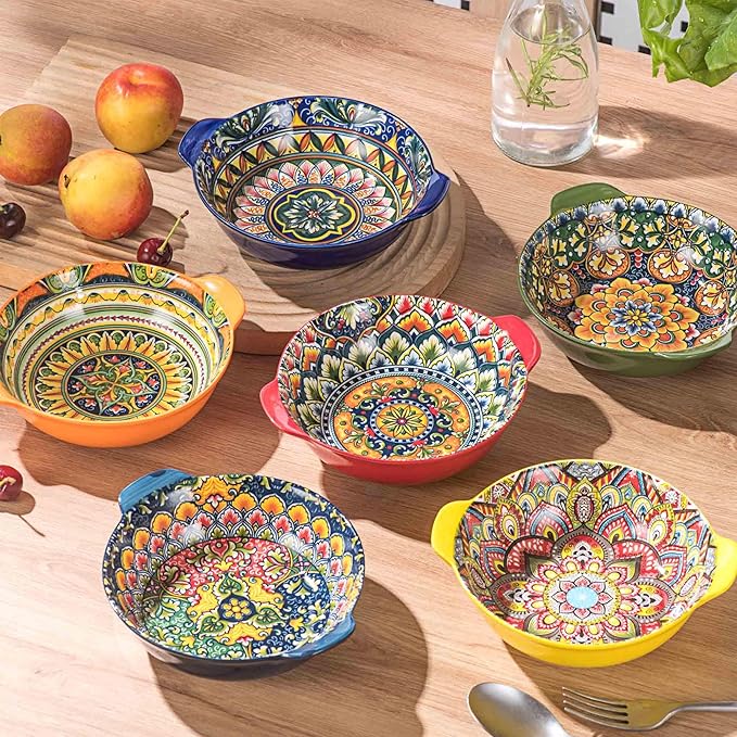 Henten Home Ceramic Soup Bowls Set, 14 oz Cereal Bowl Set of 6, Porcelain Small Dessert Bowls with Handle, for Serving, Snack, Salad, Bohemian, Microwave & Dishwasher Safe