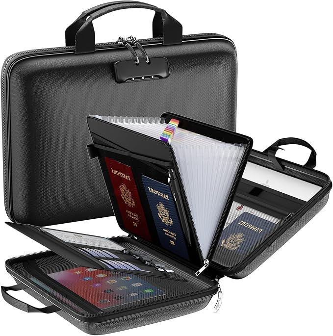 Fireproof File Organizer with Lock, Hard Case Fireproof Document Box with 13 Pockets Accordion File Folder, Important Document Organizer for Letter A4 Files Laptop Passports (Black)