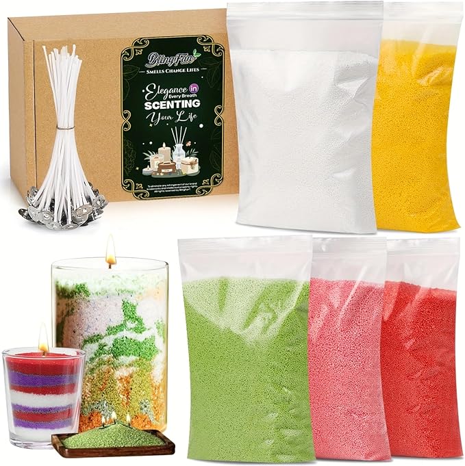 Blingfun 5 Color DIY Sand Wax Candle Making Kit – Refillable Pearled Wax with Candle Wicks, Scented Candle Supplies for Halloween, Christmas, Wedding, Home Decor (Sand Candle Craft Kit)