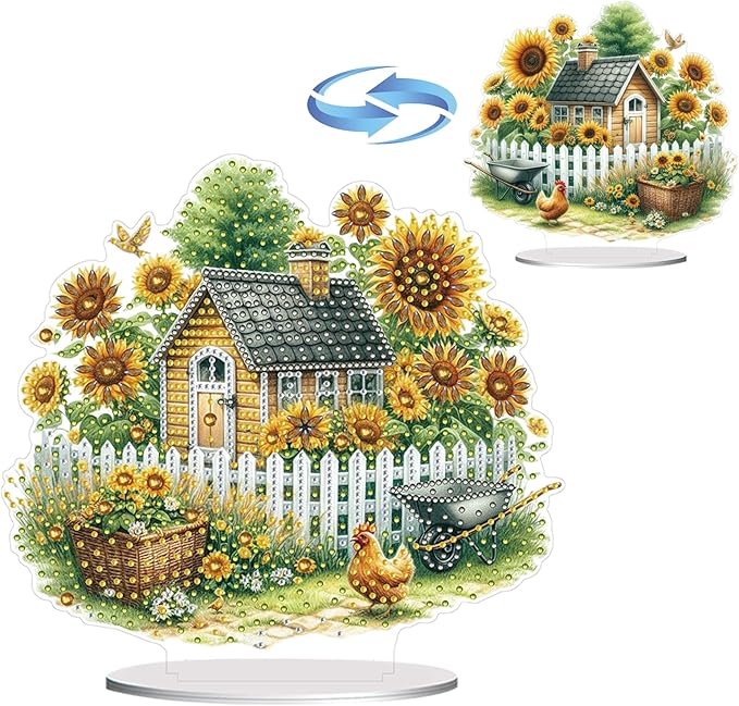 ARTopet DIY Diamond Desktop Ornament PET Irregular Shape Special Shaped Crystal Double Sided Pattern Single Sided Diamond Art Painting Tabletop Home Ornaments Decor (Sunflower House)