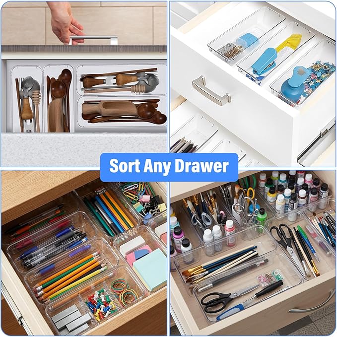 14PCS Vanity Drawer Organizer, 9 x 3 x 2 Inch Clear Plastic Silverware Utensil Organizers Bins, Versatile Desk Tray Drawers Dividers for Makeup Jewelry Kitchen Bathroom and Office Organization