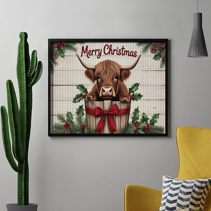 AIVKIEJK Diamond Painting Kits for Adults - Highland Cow Merry Christmas Painting DIY 5D Full Drill Diamond Dots Paintings with Diamonds Gem Art and Crafts Home Decor 16"x20"