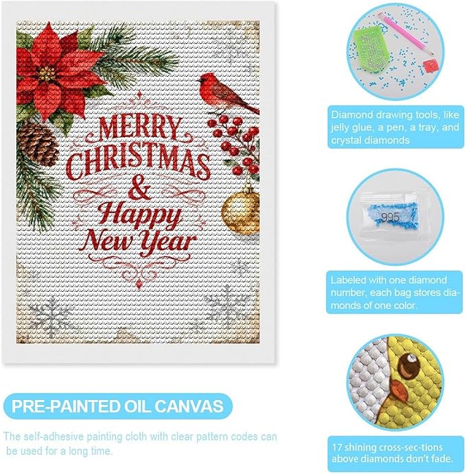 AIVKIEJK Diamond Painting Kits for Adults - Merry Christmas & Happy New Year Painting DIY 5D Full Drill Diamond Dots Paintings with Diamonds Gem Art and Crafts Home Decor 12"x16"