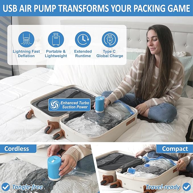 Cozy Essential Travel Vacuum Storage Bags with Rechargeable Cordless USB Pump, Space Saver Bags for Luggage, Suitcase, Carry-On, for Clothes, Blankets, Bedding & Seasonal Storage,10 Combo