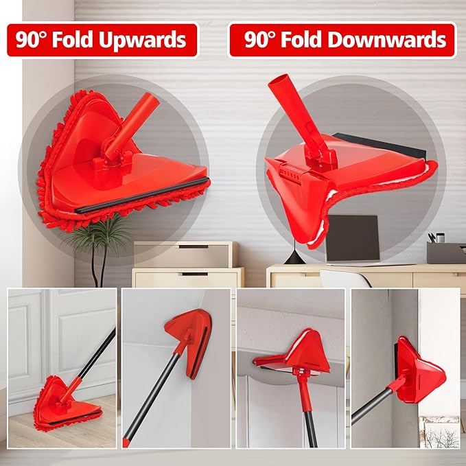 NEWE Wall Mop Cleaner, 80 inches Long Handle, 180° Folding Ceiling Cleaning Tool with Squeegee for Washing Painted Walls, Triangle Baseboard Scrubber with 3 Chenille Duster and 3 Microfiber Pads (Red)