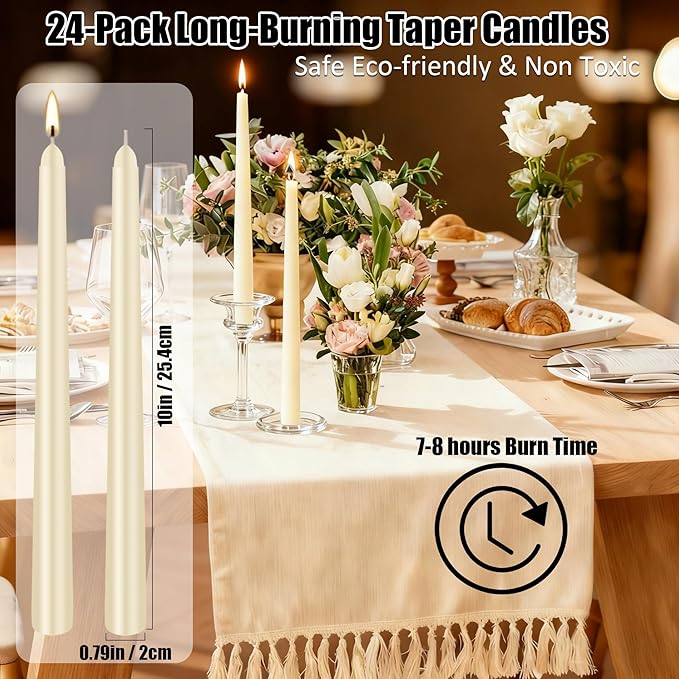 Ivory Taper Candles, 24 Pack 10 Inch Bulk Unscented 7-8 Hours Burn Time Smokeless & Dripless Elegant Dinner Candles Set for Home Décor, Wedding, Christmas, Household, Party