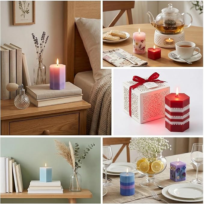 Thinp 8 Pcs Cylinder & Hexagon Candle Silicone Mold, Pillar Candle Mold Reusable Cylinder/Hexagon/Heart/Flower/Square Shapes Resin Molds for Candles Making DIY Crafts (6 Styles)