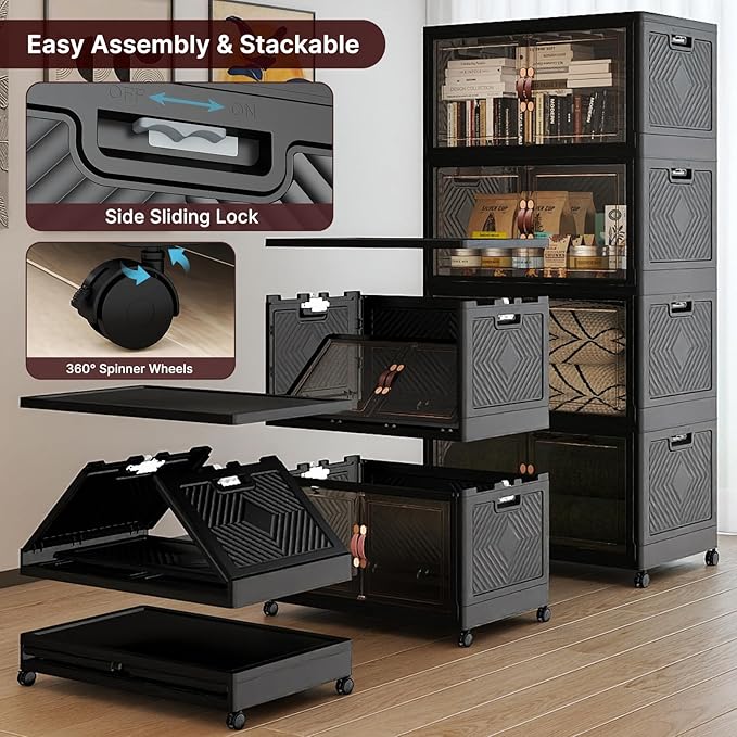 Extra Large Stackable Storage Bins with Lids & Wheels, Foldable Collapsible Closet Organizers Dark Storage Cabinet with Doors for Bedroom Dorm
