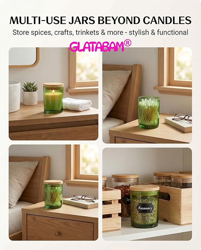 GLATABAM 10 OZ Candle Jars 12 Pack - Bulk Glass Candle Making Jars with Bamboo Lids & Labels, Heat Resistant Empty Reusable Candle Vessel for Containers(Green)