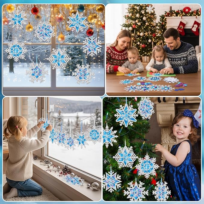 Tinlade 32 Set Winter Snowflake Craft Kit DIY Snowflakes Suncatchers Window Stained Glass Tissue Paper Glitter Blue Hanging Ornaments Decorations Make Your Own Xmas Winter School Activities