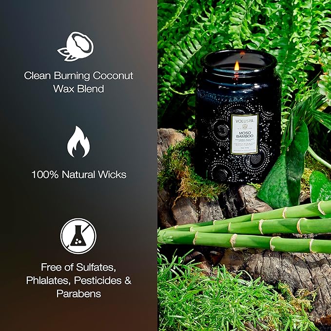 Voluspa Moso Bamboo Candle, 18 oz, Coconut Wax Blend, Scented Candles for Home, 100 Hour Burn Time, Candle Jars