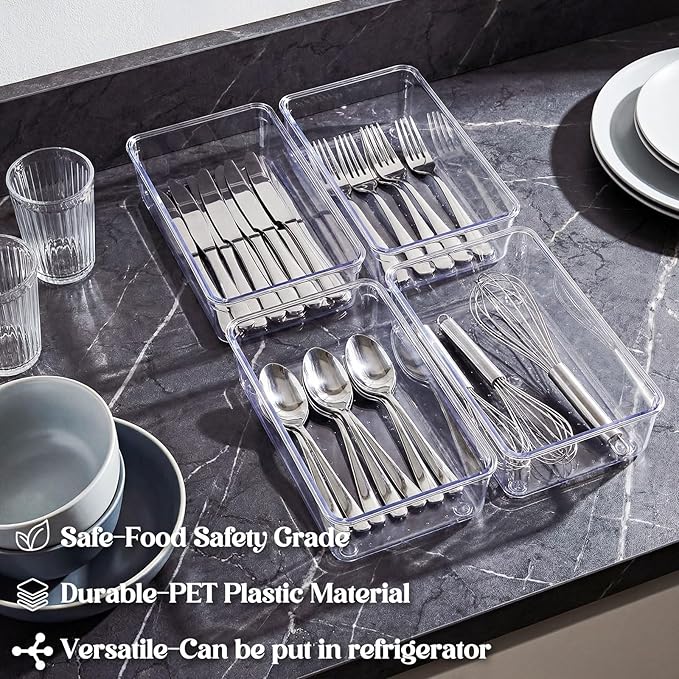 Maitys 12 Pcs Clear Drawer Organizer 9 x 6 x 2 Inches Plastic Rectangle Trays Makeup Vanity Storage Bins and Kitchen Drawers Dividers for Office Desk Silverware Kitchen Utensils