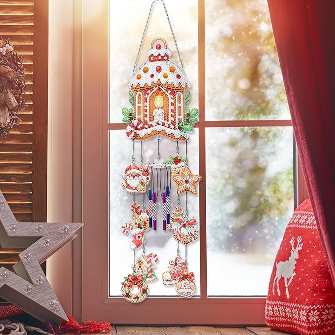 Christmas Candle Diamond Art Painting Wind Chime Hanging Ornaments DIY Kit 5D Diamond Art Wind Chimes Christmas Hanging Pendant Double Sided Special Gem Paint by Number Garden Tree Patio Window Decor
