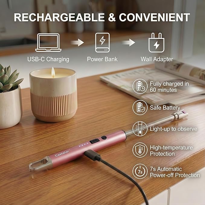Castelar Electric Candle Lighter with Long Flexible Neck, USB Rechargeable Arc Lighter with Safety Lock for Candle, BBQ, Camping, Housewarming, and Birthday Gifts