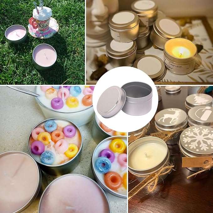 72 Pack 4 oz Sliver Metal Candle Tins with Lids, Round Bulk Metal Candle Jar, Matte Finish, Round 4 oz Candle Tins for DIY Candle Making and Storage