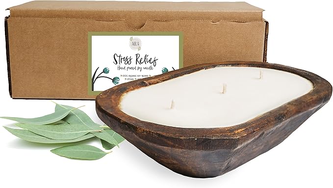 Aira Dough Bowl Candle - Organic, Kosher, Vegan, Hand Carved Wood Bowl Candle w/Aromatherapy Essential Oils - Hand-Poured 100% Soy Candle Wax - Paraffin Free, Long Lasting - Stress Relief - 13 Ounce