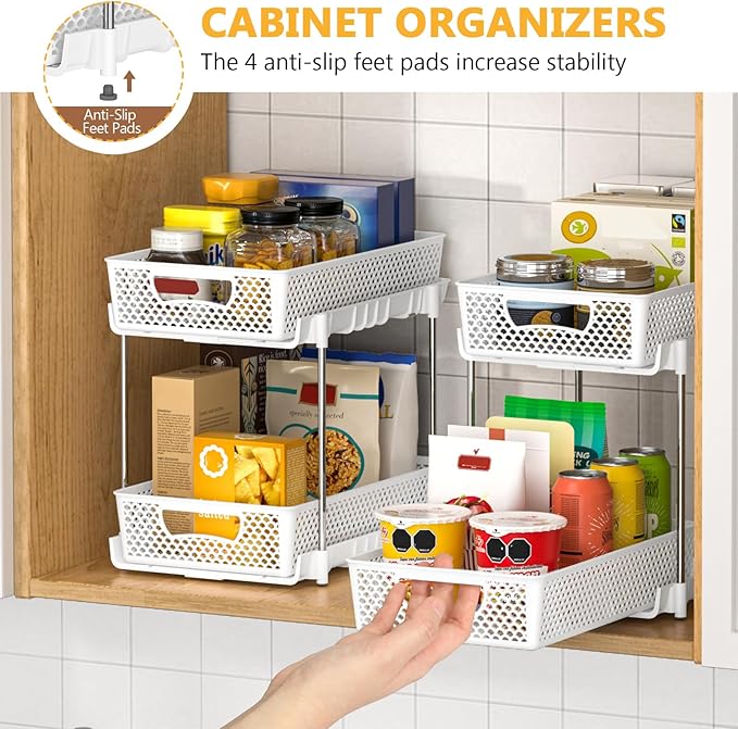 DABIGE 4 Pack Pull Out Bathroom Organizers and Storage, 2 Tier Stackable Under Sink Storage Organizer for Bathroom, Kitchen Cabinet, Pantry, and Medicine Holder, Organization and Storage - White