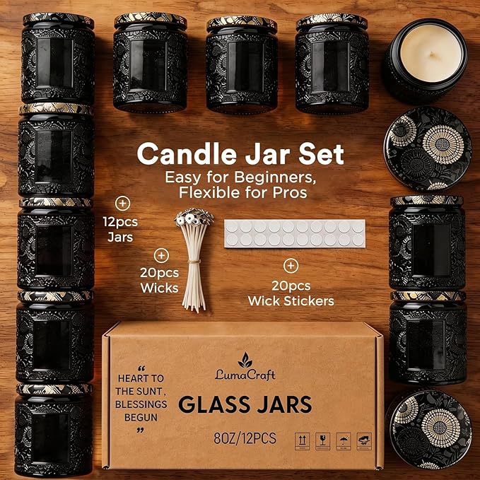 LumaCraft Luxury Embossed Glass Candle Jars for Making Candles - 12 Pack Empty Candle Containers with Airtight Metal Lids, 20 Wicks & 20 Stickers, Colored Glass Jars for Gifts & Decor-8OZ
